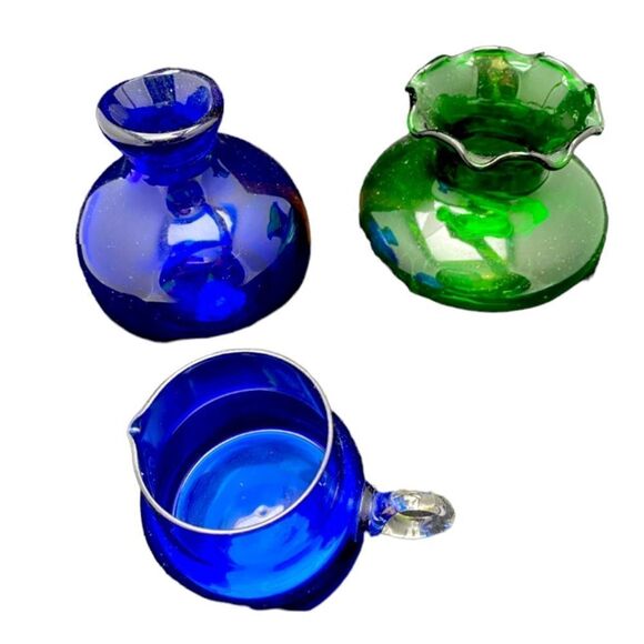 Vase lot 3 private collet 45yr’s WV cobalt,ruffle top anchor hocking emerald - Picture 1 of 7